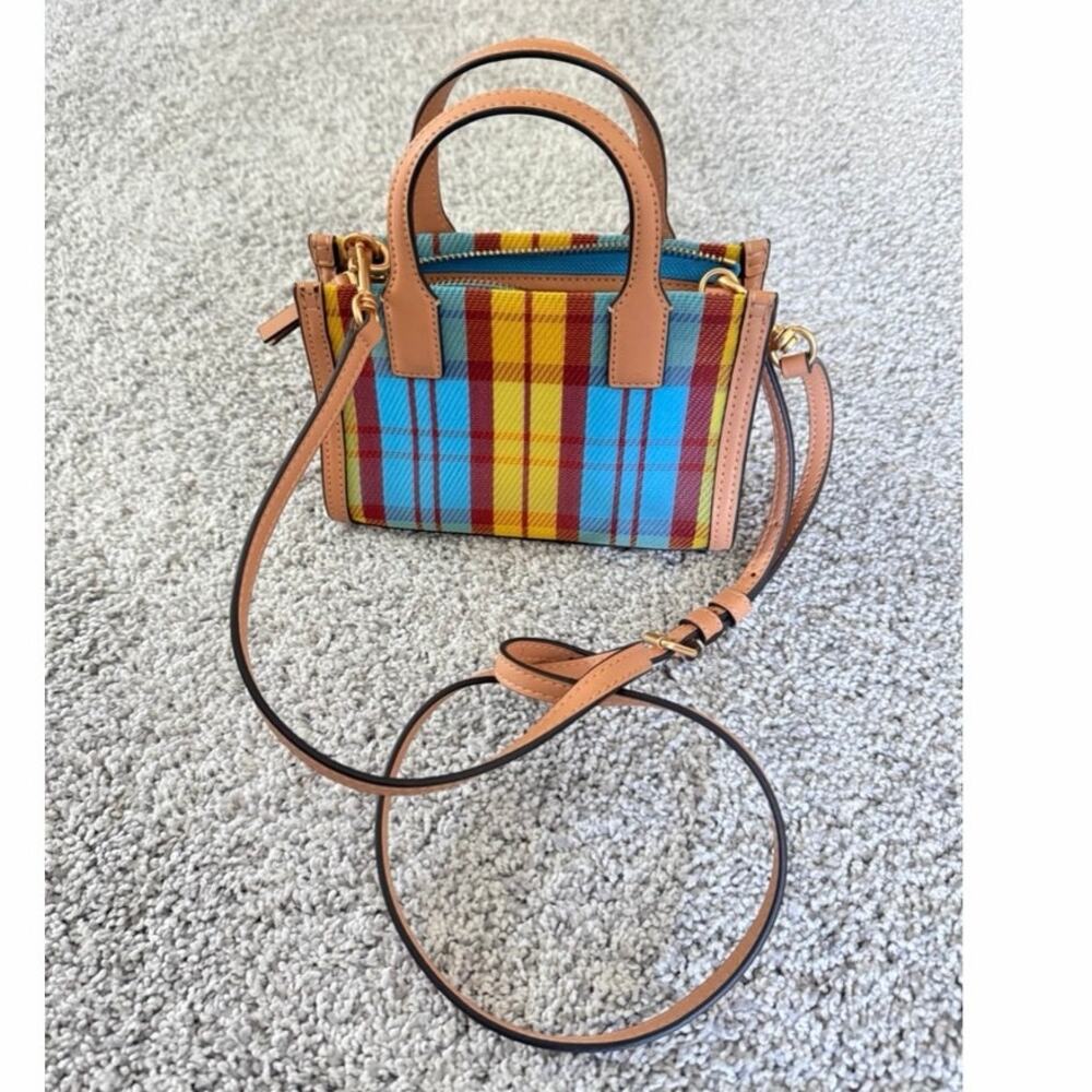 Tory Burch Ella Mini Plaid Top Handle Crossbody Tote Bag Multicolor Leather Trim - Picture 5 of 16